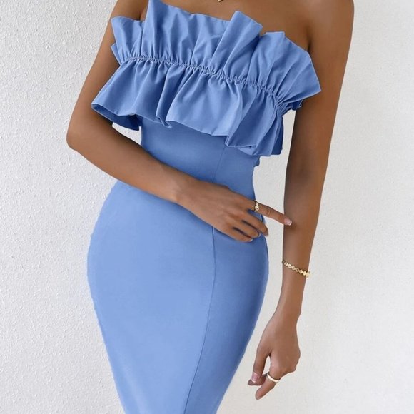 Blue Statement Ruffle Detail of the shoulder Bodycon Mini Dress - Picture 8 of 8